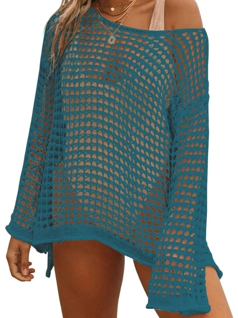 Women's Peacock Blue Hollow Out Knit Crochet Imported Polyester Swim Cover Up